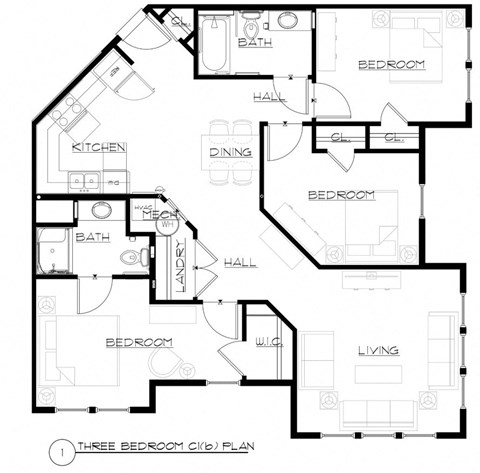 Floor plan for 3 beds, 2 baths, 1155 sqft
